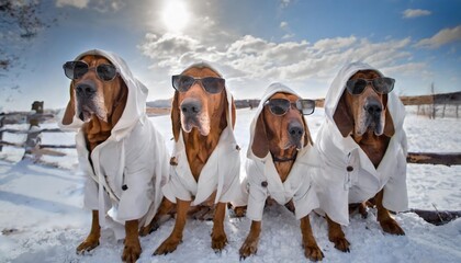group of bloodhound agent dogs in dark glasses and white coats with hoods - obrazy, fototapety, plakaty