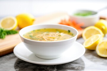 lentil soup in white bowl with lemon wedge