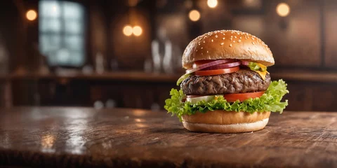 Fotobehang burger at wooden tabletop with blurred bar at backdrop. One hamburger at wooden table. Fastfood banner advertising concept. Generative Ai © SOLOTU