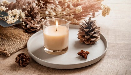Obraz na płótnie Canvas aroma candle on the table warm aesthetic composition with dry flowers cozy home comfort relaxation and wellness concept interior decoration mockup