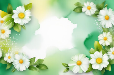 green banner with blurred watercolor spots of green in different shades, along the edges there are white flowers with a yellow center, with space for text in the center