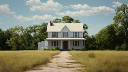 Fototapeta na wymiar White House Painting in Field, Tranquil Countryside Scene Artwork