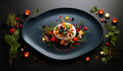 Top view on finely decorated delicious restaurant dish. Haute Cuisine Food, digital art