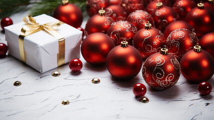 Gift or present box on light table top view. Greeting card. Flat lay style with copy space.