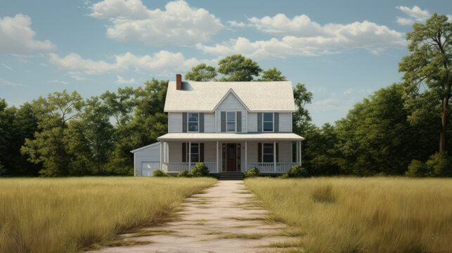 White House Painting in Field, Tranquil Countryside Scene Artwork
