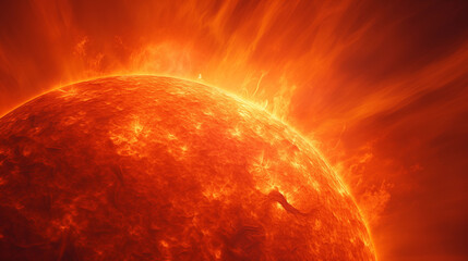 Flares on the surface of the hot Sun close up.