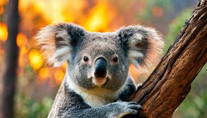 Fototapeta premium koala with the bush fire on the background burning forest in au