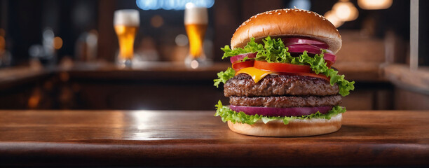burger at wooden tabletop with blurred bar at backdrop. One hamburger at wooden table. Fastfood...