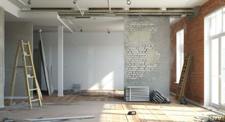 Minimalist Renovation: Before Apartment Interior Remodel with Grunge Brick Wall and Architecture Tools
