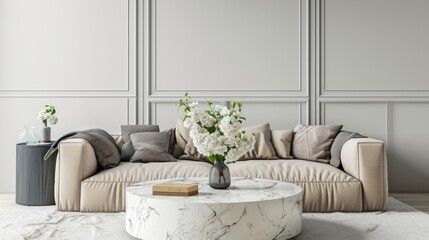 Modern Interior Design Mockup: Beige Sofa with Marble Table in Bright Living Room