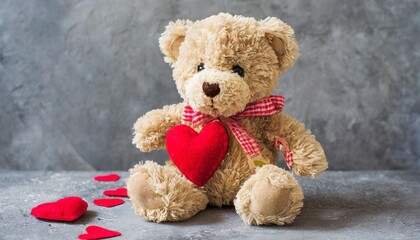 a small teddy bear with hearts sitting on a gray concrete background side view selective focus copy space valentine s day