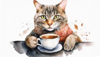 watercolor illustration cat drinking coffee