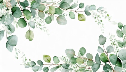 watercolor eucalyptus leaves frame botanical wedding stationery - obrazy, fototapety, plakaty