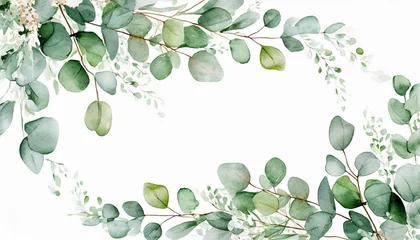 Fotobehang watercolor eucalyptus leaves frame botanical wedding stationery © Faith