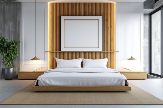 3D Rendered Bedchamber with Wooden Wall and Picture Frame