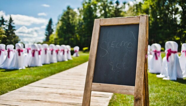 a welcoming chalkboard sign at the entrance of the wedding ceremony