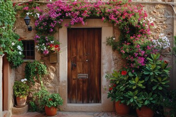 Fototapeta na wymiar Vintage Doorway Blooming with Flowers: A Charming Entrance to an Old Dublin Home