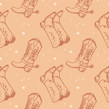 Cowboy boots sketch boho seamless pattern hand drawn vector illustration wild west concept repeating background design element for textile, print, card, web, flyer, paper, wrapping. Lifestyle, fashion