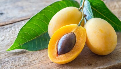 fresh peeled sweet yellow marian plum fruit or plum mango ma yong chid in thai language sweet and sour fruit from thailand - obrazy, fototapety, plakaty