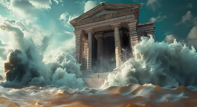 Roman temples in front of big waves in the sea (mp4) made with Ai generative technology