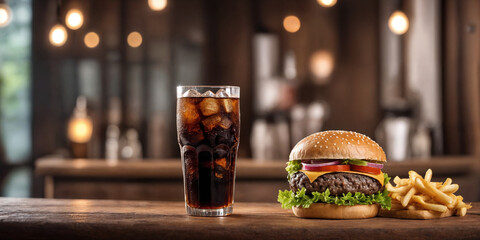 Big burger with hot grilled patty with melted cheese on top, tomato, onion, sauces and fried chips served with cold soft drink. Banner concept. Generative Ai