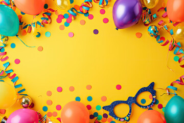 Yellow Background With Balloons, Confetti, and Glasses - Fun and Festive Party Elements