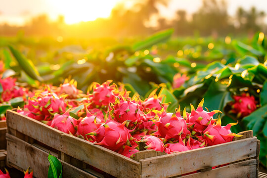 Sweet pink ripe pitaya dragon fruit with leaf in wooden basket, bokeh garden background