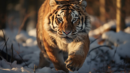 jumping tiger on the snow - obrazy, fototapety, plakaty