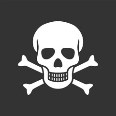 Skull and bones graphic icon. Sign isolated on black background. Mortal danger symbol. Vector illustration 