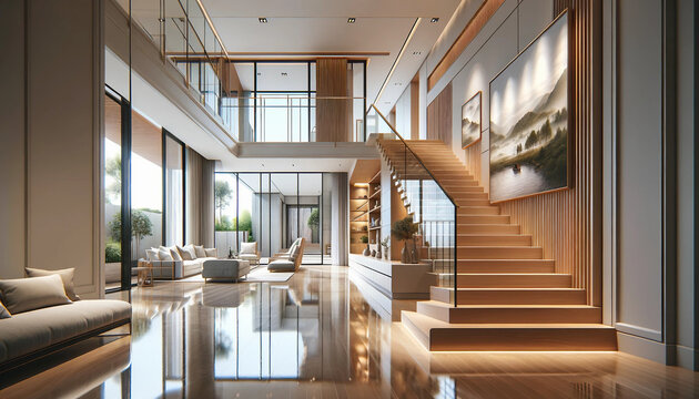 A contemporary interior design element featuring glass fencing and wooden stairs,glass fencing, wooden stairs, interior design, modern, contemporary, Modern Interior Design with Glass Railing, Timber.