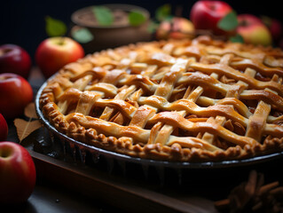 A close up of a pie full of lattice