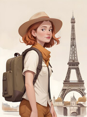 Cartoon clip art of a female tourist carrying a bag. eiffel tower france