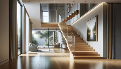 A contemporary interior design element featuring glass fencing and wooden stairs,glass fencing, wooden stairs, interior design, modern, contemporary, Modern Interior Design with Glass Railing, Timber.