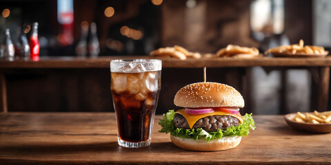 Big burger with hot grilled patty with melted cheese on top, tomato, onion, sauces and fried chips served with cold soft drink. Banner concept. Generative Ai