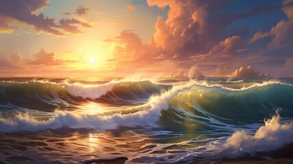 Beautiful beach sunset sea wave realistic wallpaper