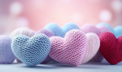 Obraz premium Colorful knitted hearts on a light background. Valentines day concept.