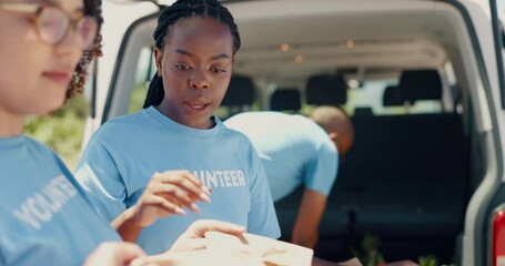 Volunteering, teamwork and people with food package for charity event, donation and community programme. Collaboration, volunteer and men and women with van for parcel, bags and grocery distribution