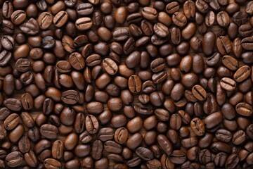 Fototapeta premium Close up view of dark fresh roasted coffee beans on coffee beans background. Closeup of coffee beans scattered background
