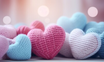Fototapeta premium Colorful knitted hearts on a light background. Valentines day concept.