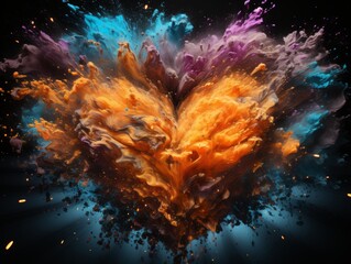 Fototapeta na wymiar Explosion of colored powder in the shape of a heart on a dark background