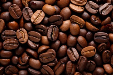 Close up view of dark fresh roasted coffee beans on coffee beans background. Closeup of coffee beans scattered background
