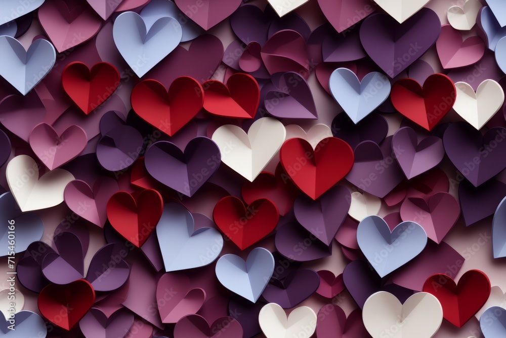 Poster Seamless pattern Paper hearts on purple background. Valentines day concept. - Posters