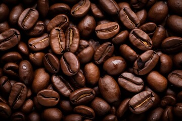 Obraz premium Close up view of dark fresh roasted coffee beans on coffee beans background. Closeup of coffee beans scattered background