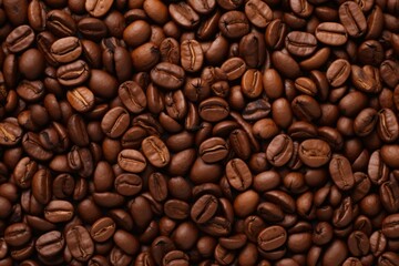 Obraz premium Close up view of dark fresh roasted coffee beans on coffee beans background. Closeup of coffee beans scattered background