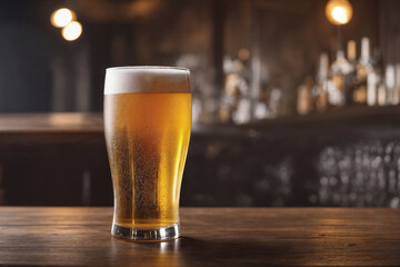 Cold beer in a glass, close up in a dark pub with a sunset light on it. Beer banner. Generative Ai