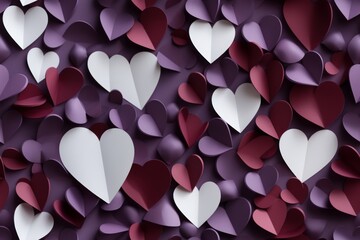 Seamless pattern Paper hearts on purple background. Valentines day concept.