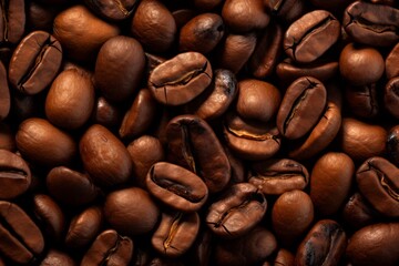 Fototapeta premium Close up view of dark fresh roasted coffee beans on coffee beans background. Closeup of coffee beans scattered background