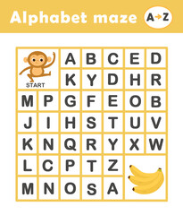 A to Z Maze game for children. Worksheet for kids and children. Alphabetic labyrinth puzzle. Learning alphabet letters. Alphabet mazes for kindergarten and preschool.