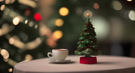 a cup of coffee and christmas tree decorations
