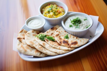 naan with dips: hummus, baba ganoush, and tzatziki